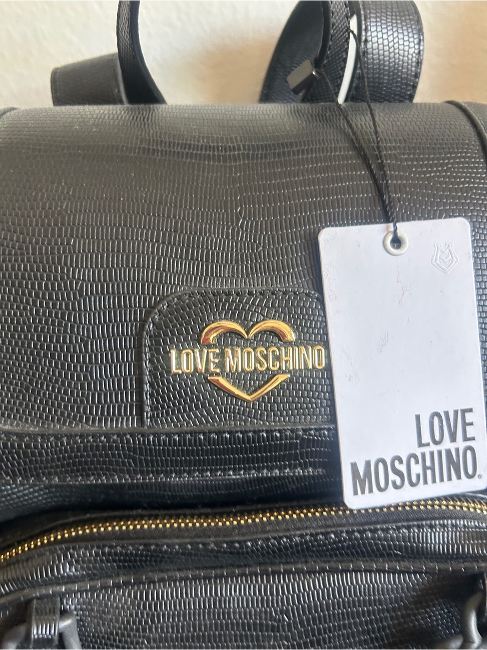 Love Moschino Black Leather Backpack with Drawstring & Black Heart Chain NWT - Picture 6 of 9